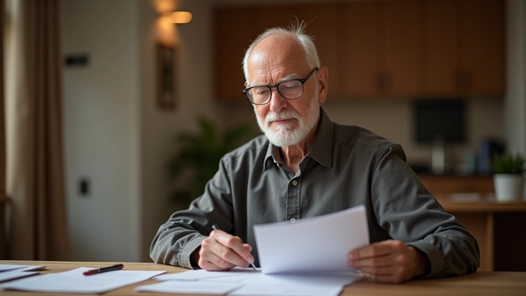 Starší osoba kontrolující dokumenty týkající se důchodu v domácím prostředí